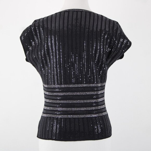 St John Evening Sz 8 Black Silver Stud Paillettes V Neck Santana Knit Top - Picture 6 of 10